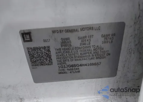 2017 Chevrolet Sonic Lt Auto из США, поврежденный, VIN 1G1JG6SG4H4169657